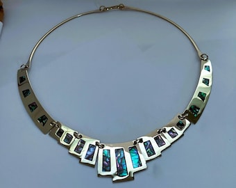 Vintage abalone and alpaca silver necklace handcrafted in Mexico