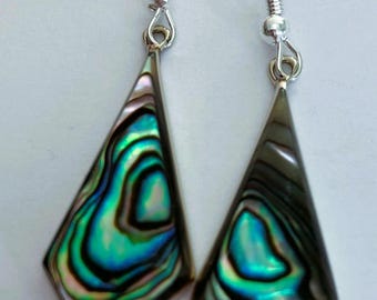 Triangle shaped abalone shell drop earring set in alpaca silver