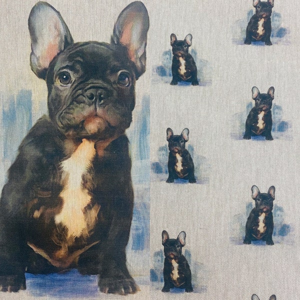 FRENCH BULLDOG Fabric Panel & Small Print Fabric | 100% Craft Cotton | Puppy | Sewing | Quilting | Animal | Cushion | Craft | Dog Lover