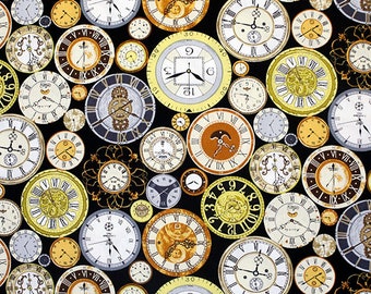 VINTAGE CLOCKS FABRIC | Victorian | Novelty | 100% Cotton | Quilting | Sewing | Dressmaking