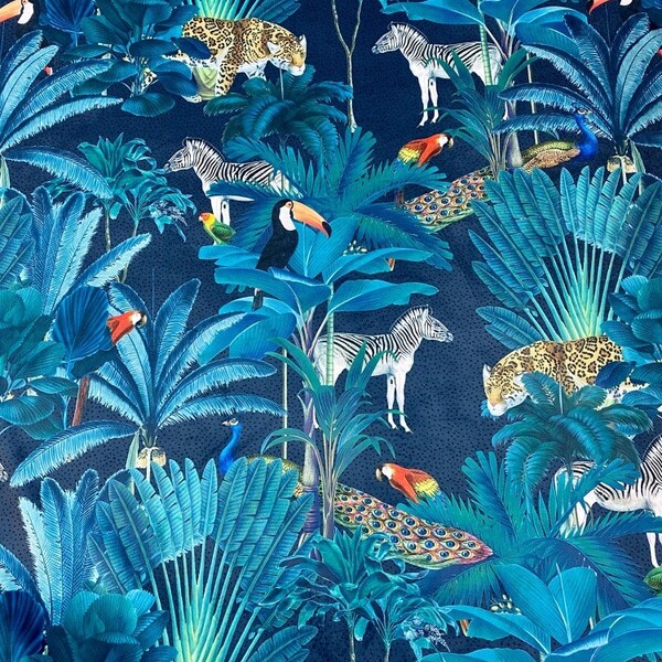 TROPICAL VELVET FABRIC | Italian | Designer | Tiger | Parrot | Zebra | Animal | Jungle | Exotic | Emma Shipley Style | Upholstery | Quilting