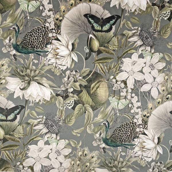 UTOPIA SILVER Velvet Fabric | Italian | Designer | Flower Jungle | Exotic | Upholstery | Emma Shipley Style