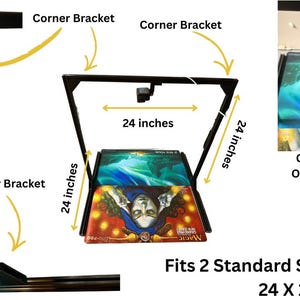 May include: Black metal Go Pro mount, designed to hold two standard-size playmats, each 24 inches by 14 inches. The mount features corner brackets and is 24 inches wide. The Go Pro is not included.