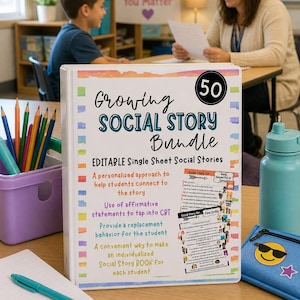 K&ouml;nnte beinhalten: Ein wei&szlig;er Ordner mit der Aufschrift "Growing Social Story Bundle" und der Zahl 50. Der Ordner enth&auml;lt bearbeitbare Social Stories auf Einzelbl&auml;ttern. Ein lila Stifthalter, eine blaue Wasserflasche und ein blaues Federm&auml;ppchen sind ebenfalls zu sehen.
