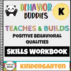 以下が含まれることがあります： 「ビヘイビア・バディーズ」と「ティーチズ＆ビルズ・ポジティブ・ビヘイビオラル・クオリティー・スキルズ・ワークブック・キンダーガーテン」というタイトルのカラフルなワークブックカバー。表紙には、漫画のパンダと、中に「K」の文字が入った黄色の円が描かれています。