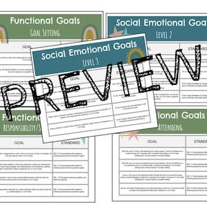 May include: A collection of educational printables with titles like "Functional Goals" and "Social Emotional Goals." The documents feature text, charts, and a preview watermark. The color scheme includes green, blue, and beige.