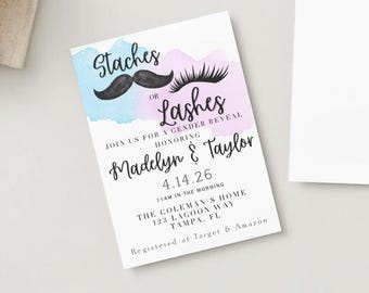 Staches or Lashes Theme Gender Reveal Invitation - Welcome Sign (Digital Download) Editable | Canva