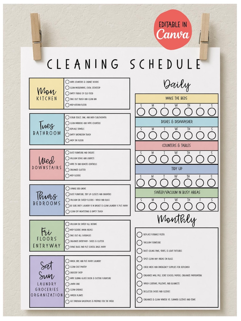 Cleaning Schedule Editable (in Canva) Template - Etsy