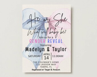 He or She Theme Gender Reveal Invitation - Welcome Sign (Digital Download) Editable | Canva