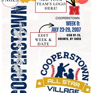 May include: A 31-page digital template for Cooperstown All Star Village featuring editable text fields for team logos, week numbers, and dates. The design includes navy blue text, a baseball graphic, and the URL https://cooperstown.com/.