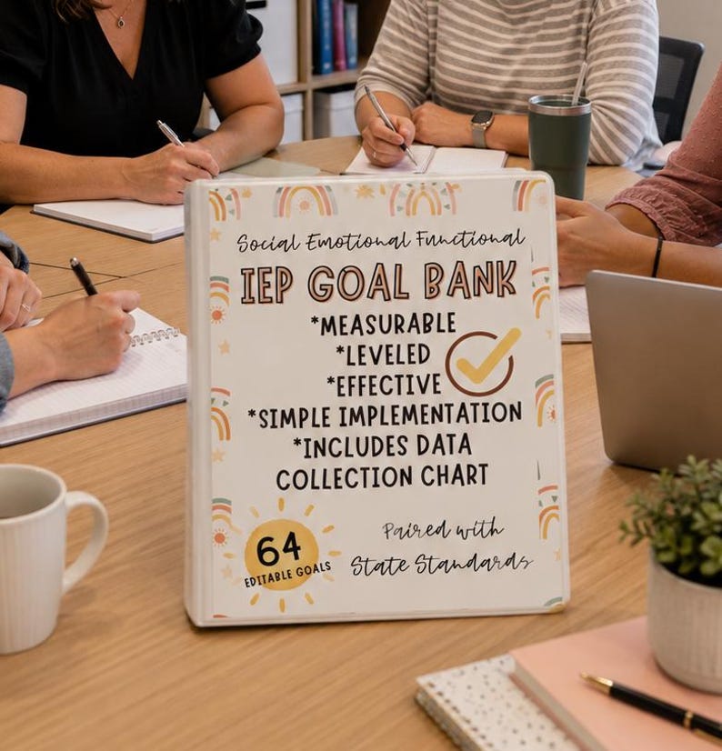 May include: A white IEP Goal Bank sign with text in black and orange. The sign includes the text "Social Emotional Functional IEP GOAL BANK" and bullet points. The sign also includes the text "64 Editable Goals" and "Paired with State Standards."
