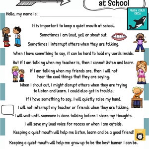 K&ouml;nnte beinhalten: Eine farbenfrohe soziale Geschichte mit dem Titel &bdquo;Ein ruhiger Mund in der Schule&ldquo;. Der Text enth&auml;lt Tipps zum Verhalten im Klassenzimmer, mit Illustrationen von Kindern und einem Orca. Der Text enth&auml;lt den Satz &bdquo;Quiet, Calm Orca!&ldquo;