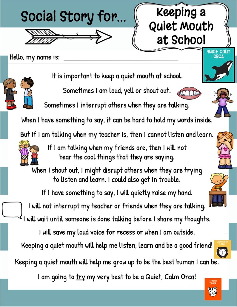 K&ouml;nnte beinhalten: Eine farbenfrohe soziale Geschichte mit dem Titel &bdquo;Ein ruhiger Mund in der Schule&ldquo;. Der Text enth&auml;lt Tipps zum Verhalten im Klassenzimmer, mit Illustrationen von Kindern und einem Orca. Der Text enth&auml;lt den Satz &bdquo;Quiet, Calm Orca!&ldquo;