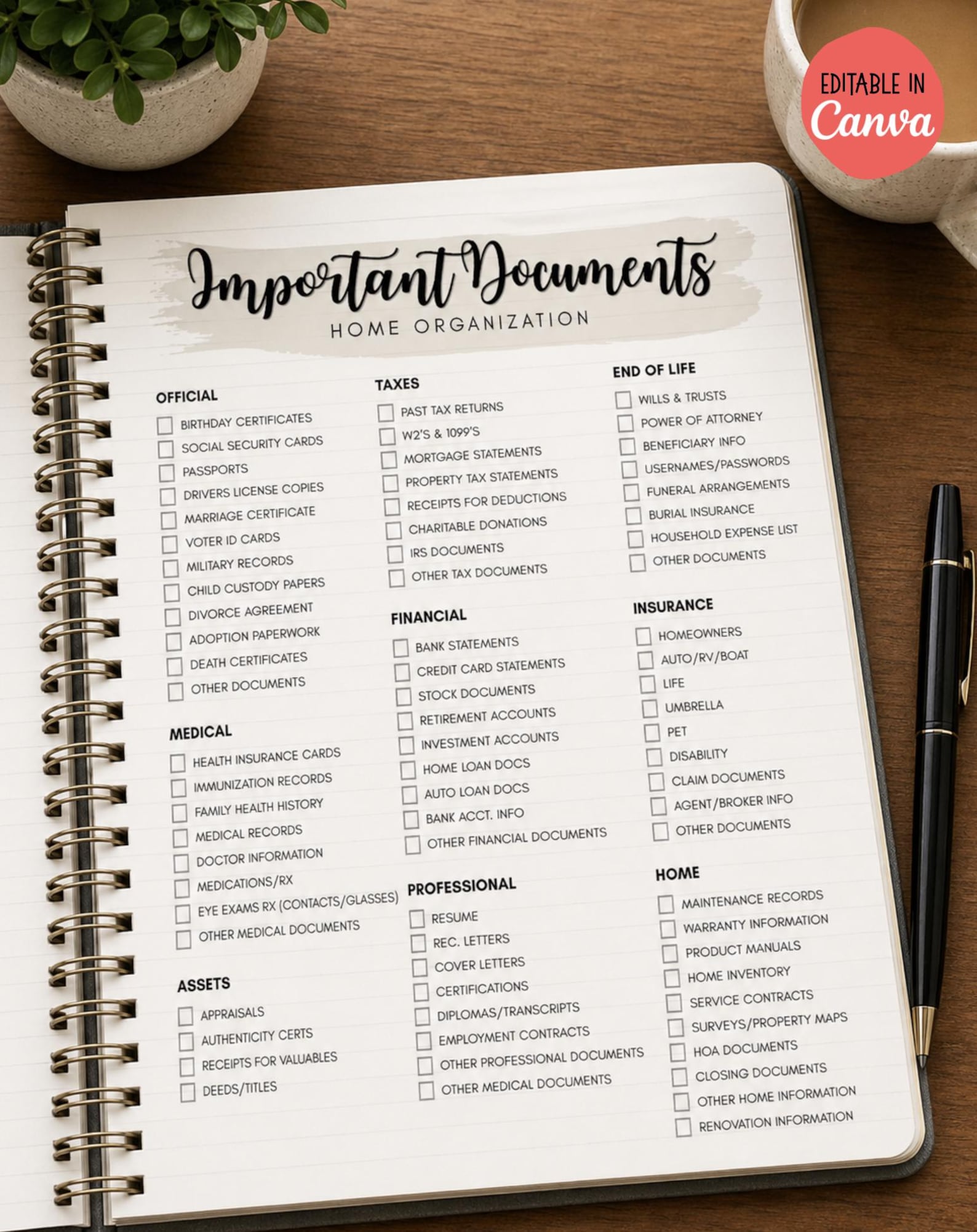 Important Document Checklist for Home Organization Editable (in Canva ...