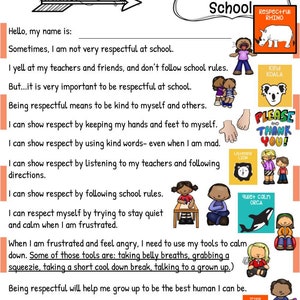 K&ouml;nnte beinhalten: Ein farbenfrohes Lehrplakat mit dem Titel &bdquo;Respektvoll in der Schule sein&ldquo; mit Text und Illustrationen. Das Plakat zeigt ein Nashorn, einen Koala und einen Orca und f&ouml;rdert Respekt.