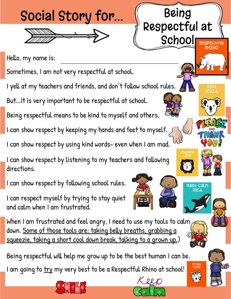 K&ouml;nnte beinhalten: Ein farbenfrohes Lehrplakat mit dem Titel &bdquo;Respektvoll in der Schule sein&ldquo; mit Text und Illustrationen. Das Plakat zeigt ein Nashorn, einen Koala und einen Orca und f&ouml;rdert Respekt.