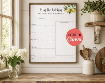 Simple Weekly Dinner Menu. Shopping List. Market List. Editable in Canva.