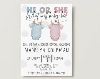 He or She Theme Gender Reveal Invitation - Welcome Sign (Digital Download) Editable | Canva