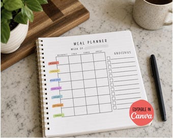 Minimalist Weekly Meal Planner Printable | Farmhouse Kitchen Organizer & Grocery List Editable (in Canva) Template