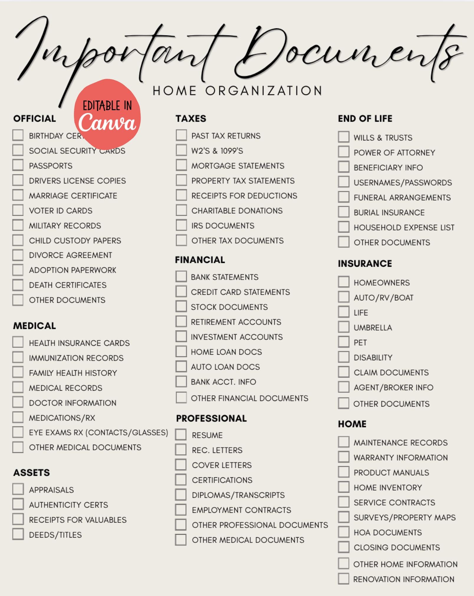 Document Check List Important Document Checklist for Home Organization Editable (in Canva ...