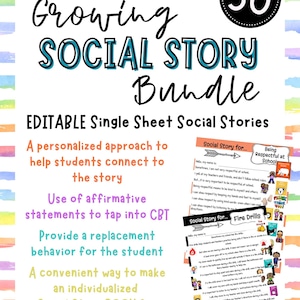 K&ouml;nnte beinhalten: Ein Bundle mit 50 bearbeitbaren Social Stories auf einem einzelnen Blatt. Der Titel "Growing Social Story Bundle" ist in gro&szlig;en, farbigen Buchstaben gehalten. Das Bild enth&auml;lt Beispiele f&uuml;r Social Stories, wie "Respektvoll in der Schule sein".