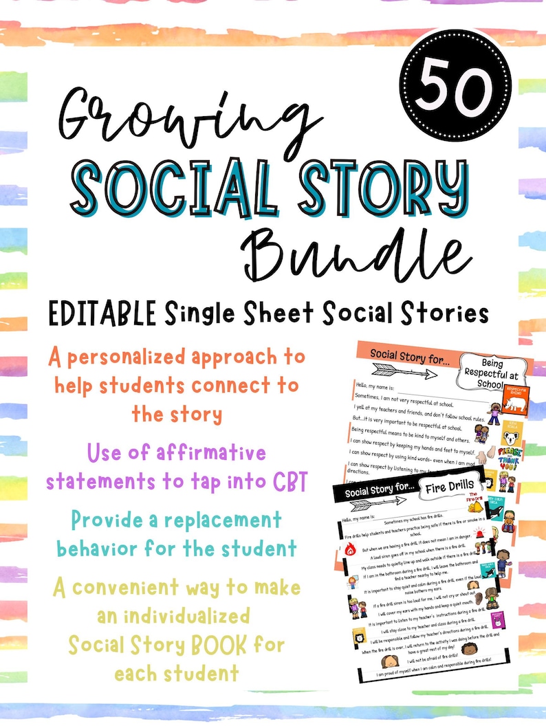 K&ouml;nnte beinhalten: Ein Bundle mit 50 bearbeitbaren Social Stories auf einem einzelnen Blatt. Der Titel "Growing Social Story Bundle" ist in gro&szlig;en, farbigen Buchstaben gehalten. Das Bild enth&auml;lt Beispiele f&uuml;r Social Stories, wie "Respektvoll in der Schule sein".