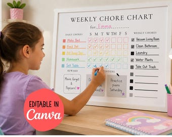 Editable Weekly Chore Chart for Kids | Responsibility Tasks, Rewards (Instant Download)