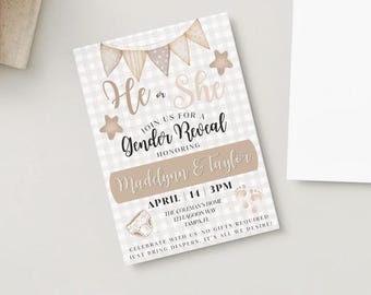He or She Theme Gender Reveal Invitation - Welcome Sign (Digital Download) Editable | Canva