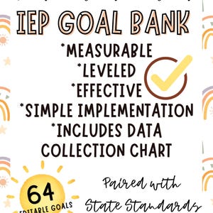 May include: A white background with the text "Social Emotional Functional IEP GOAL BANK". The text includes bullet points for measurable, leveled, effective, simple implementation, and data collection. A sun graphic displays "64 Editable Goals".