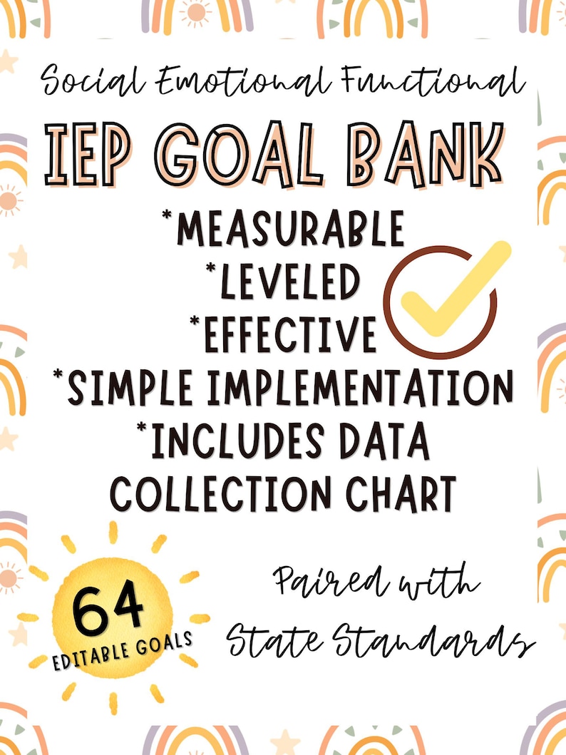 May include: A white background with the text "Social Emotional Functional IEP GOAL BANK". The text includes bullet points for measurable, leveled, effective, simple implementation, and data collection. A sun graphic displays "64 Editable Goals".