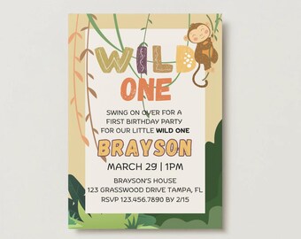 Birthday Invitation Poster Thank You Card (Digital Download) | Wild One Jungle Theme | Editable | Canva