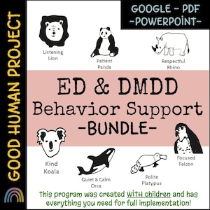 May include: A pink and white printable resource for supporting children with emotional dysregulation and disruptive mood dysregulation disorder (ED & DMDD). The resource features a variety of animal illustrations, including a lion, panda, rhino, koala, orca, platypus, and falcon. The text "ED & DMDD Behavior Support -BUNDLE- " is featured in black text on the pink background.