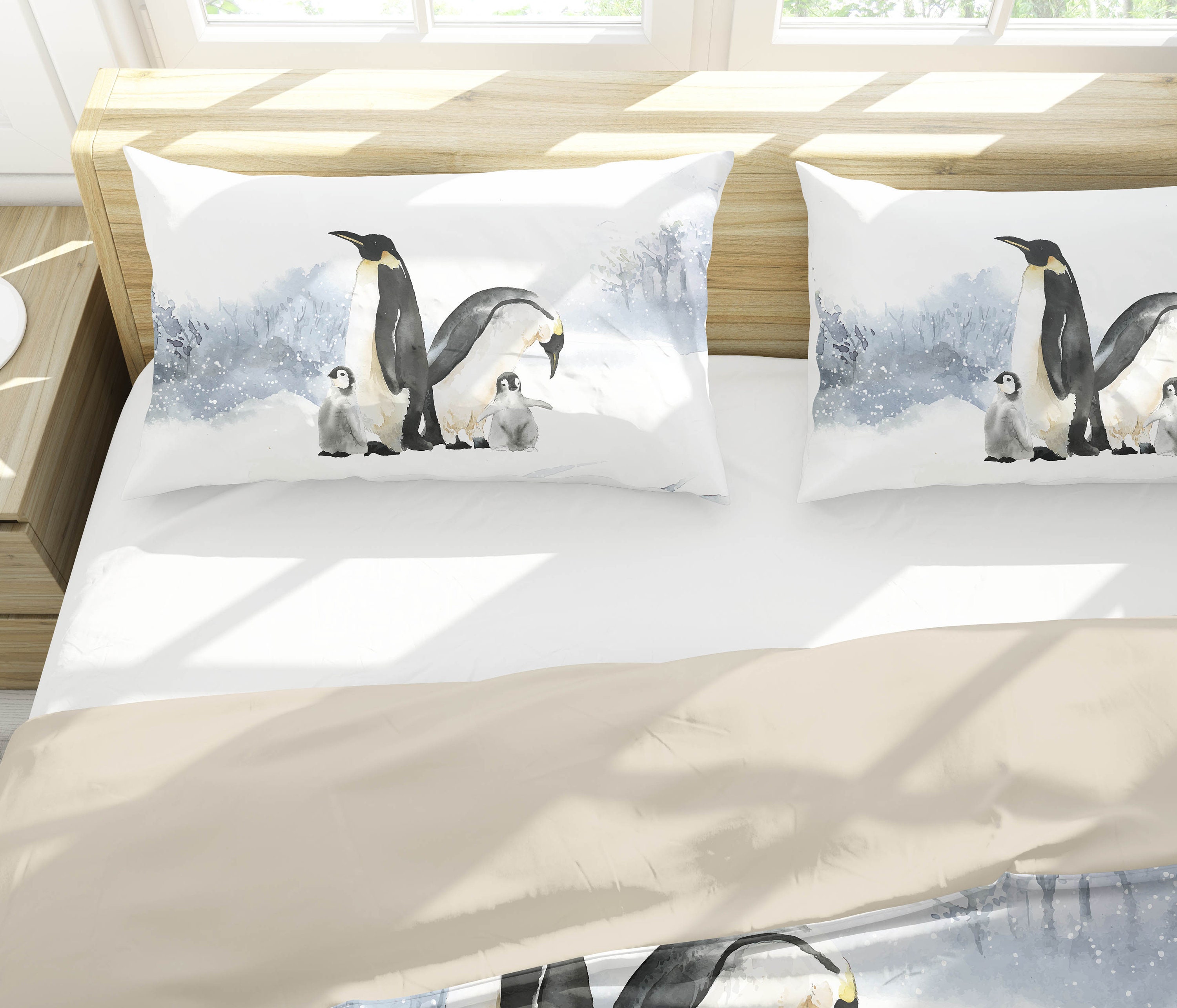 Animal Bedding Penguins Pillow Shams Covers Linen Gray Bedding Etsy