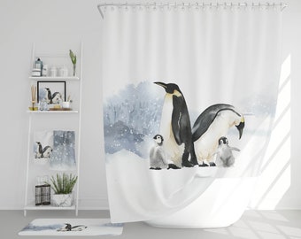 Penguin Mom Baby Fabric Shower Curtain Set 71X71" Waterproof Polyester Liner 