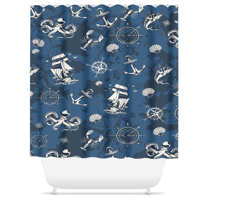 Nautical Navy Shower Curtains Blue Bathroom Decor Farmhouse Etsy