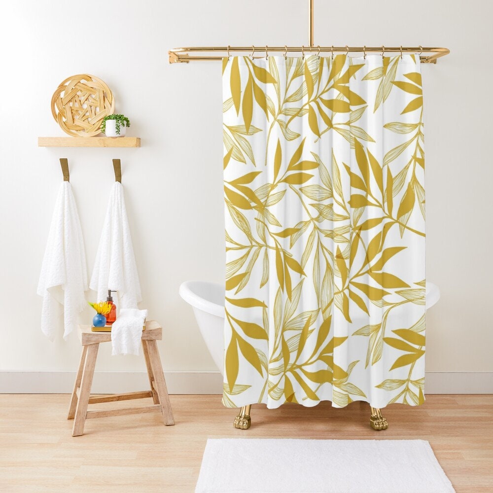 Leaves Shower Curtain Long Gold Art Bath Curtains Office Boho Farmhouse ...