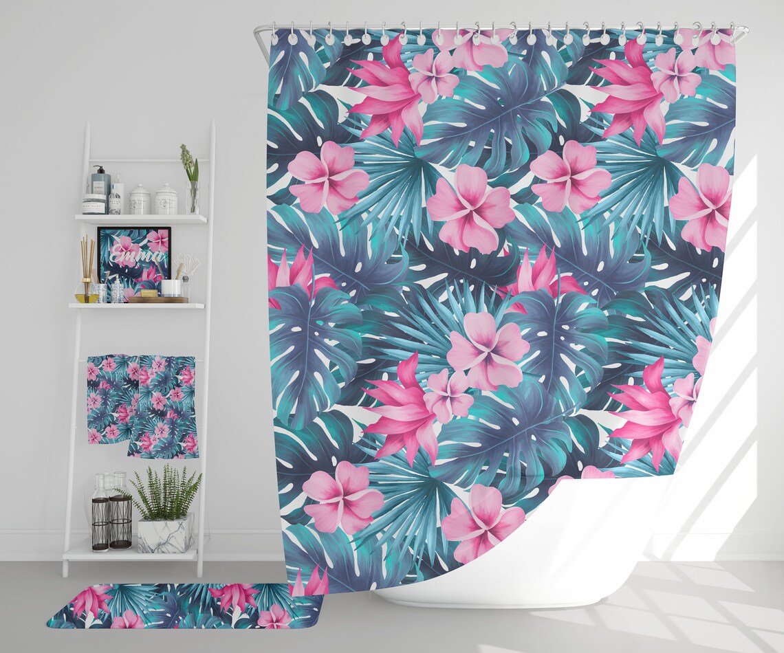 Tropical Teal and Pink Flowers Bath Mats Unique Bath Mat Boho - Etsy