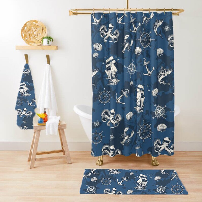 Navy Blue Bath Mats Nautical Bathroom Decor Farmhouse Bohemian Etsy