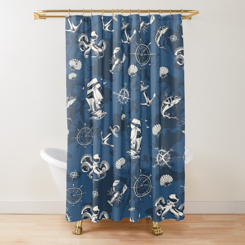 Nautical Navy Shower Curtains Blue Bathroom Decor Farmhouse Etsy