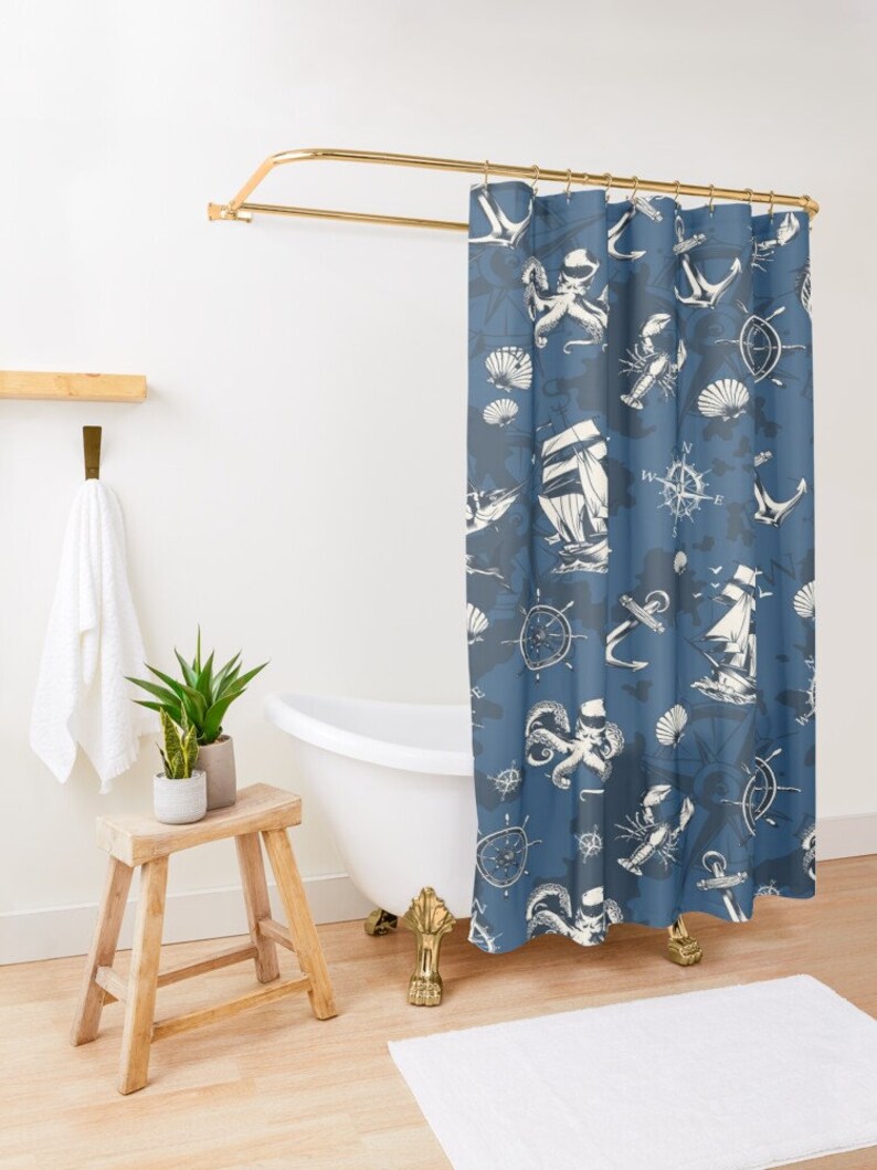 Nautical Navy Shower Curtains Blue Bathroom Decor Farmhouse Etsy UK