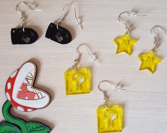 Super Mario Earrings, Inspired by Nintendo, Earrings and Necklace, Geek Jewelry, Mushroom Mario, Stars Mario, Bullets Mario, Bricks Mario.
