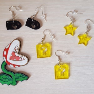 Super Mario Ohrringe, inspiriert von Nintendo, Ohrringe und Halskette, Geek-Schmuck, Mushroom Mario, Stars Mario, Bullets Mario, Bricks Mario.