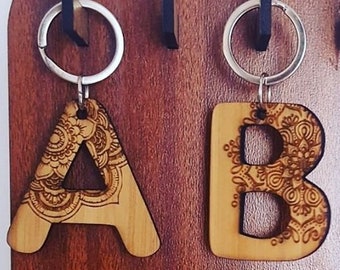 Mandala letter, Wooden custom keychain, Bamboo keyrings, Custom Mandala keyring, Mandala style, the first letter of your name