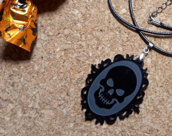 Skull pendant, Gothic Necklace, Black and White Jewelry, Glitter pendant, Halloween costume, Creepy Style. vintage pendant