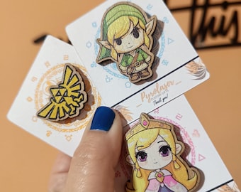 Zelda Wooden Pins - Link, Triforce & Princess Zelda | Handmade Gaming Accessories