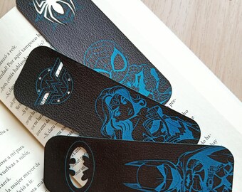 Superhero bookmark, personalized bookmark. Batman, Wonderwoman, or Spiderman. Black and blue leather.