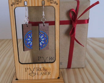 Mandala color, Mandala Earrings Handpainted, Wood Earrings, Silver. Hand painted earrings with Mandala