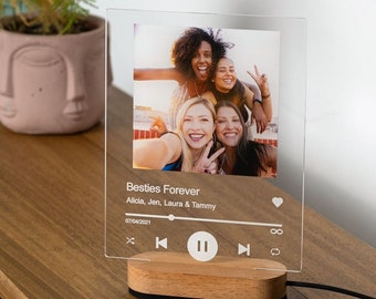 May include: A clear acrylic photo display with a wooden base. The display features a photo of four smiling women and the text "Besties Forever." The display is on a wooden table next to a small potted plant and a keyboard.