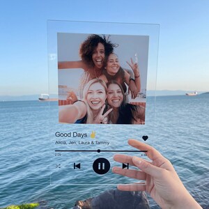 Anniversary Gift Personalized Song Acrylic Plaque Gift with Wooden Stand on hand with sea ocean background
