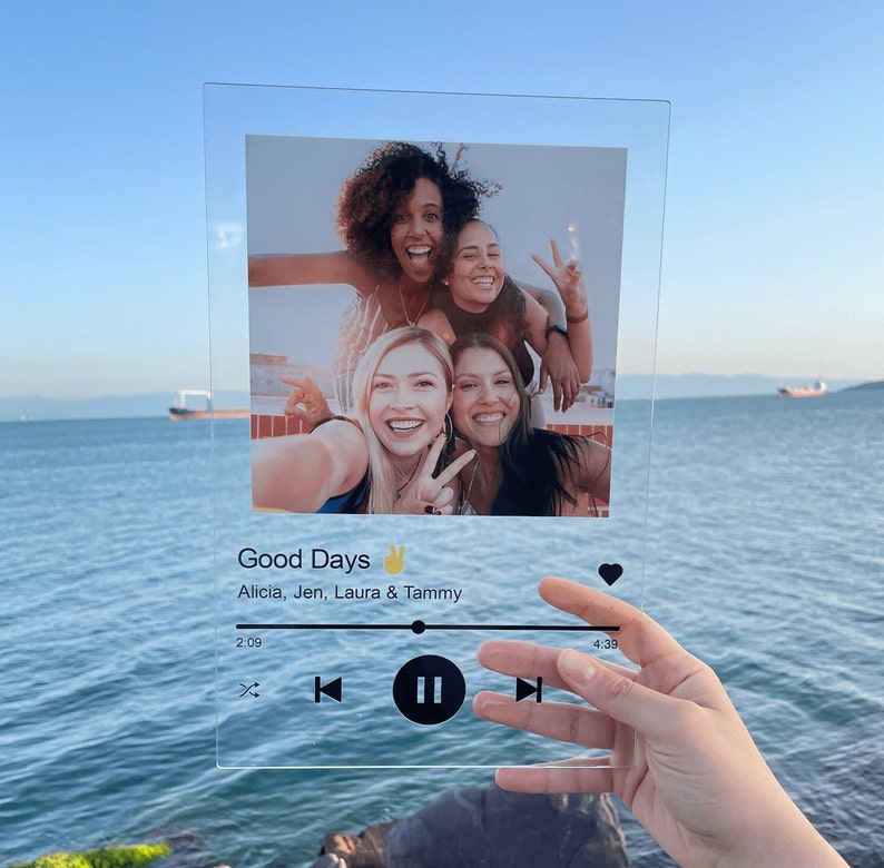 Anniversary Gift Personalized Song Acrylic Plaque Gift with Wooden Stand on hand with sea ocean background